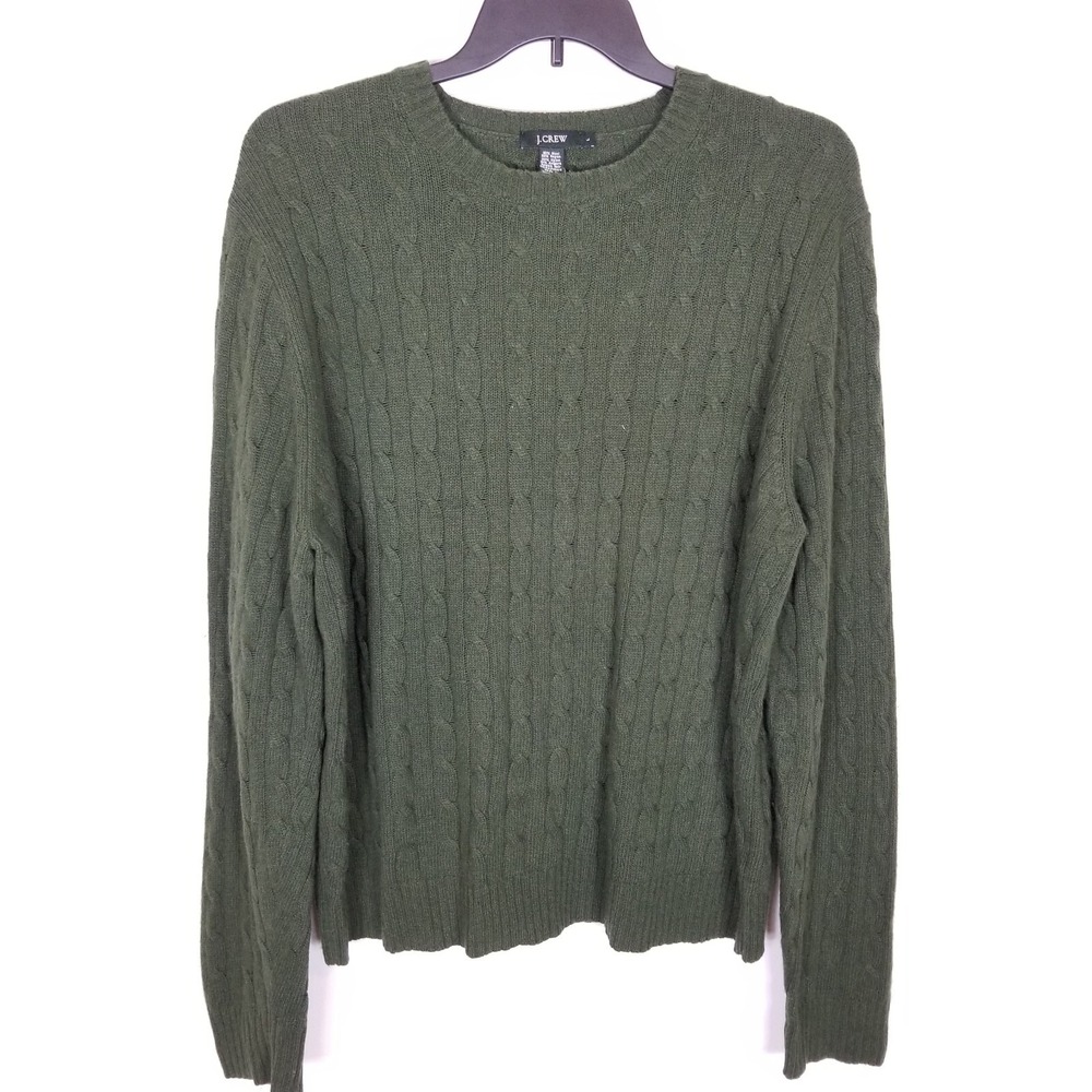 J.Crew Men Wool Angora Cashmere Sweater Sz L‎ Olive Cableknit Crew Neck Pullover